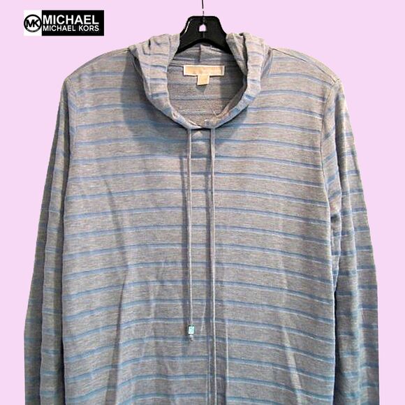 MICHAEL Michael Kors NEW Skater CHAMBRAY BLUE Stripe Drawstring Hoodie L - Picture 2 of 12
